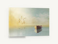 Rowboat and Gulls at Dawn, wooden rowboat seagulls calm sea, coastal canvas wall art print ready to hang