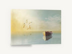 Rowboat and Gulls at Dawn, wooden rowboat seagulls calm sea, coastal canvas wall art print ready to hang