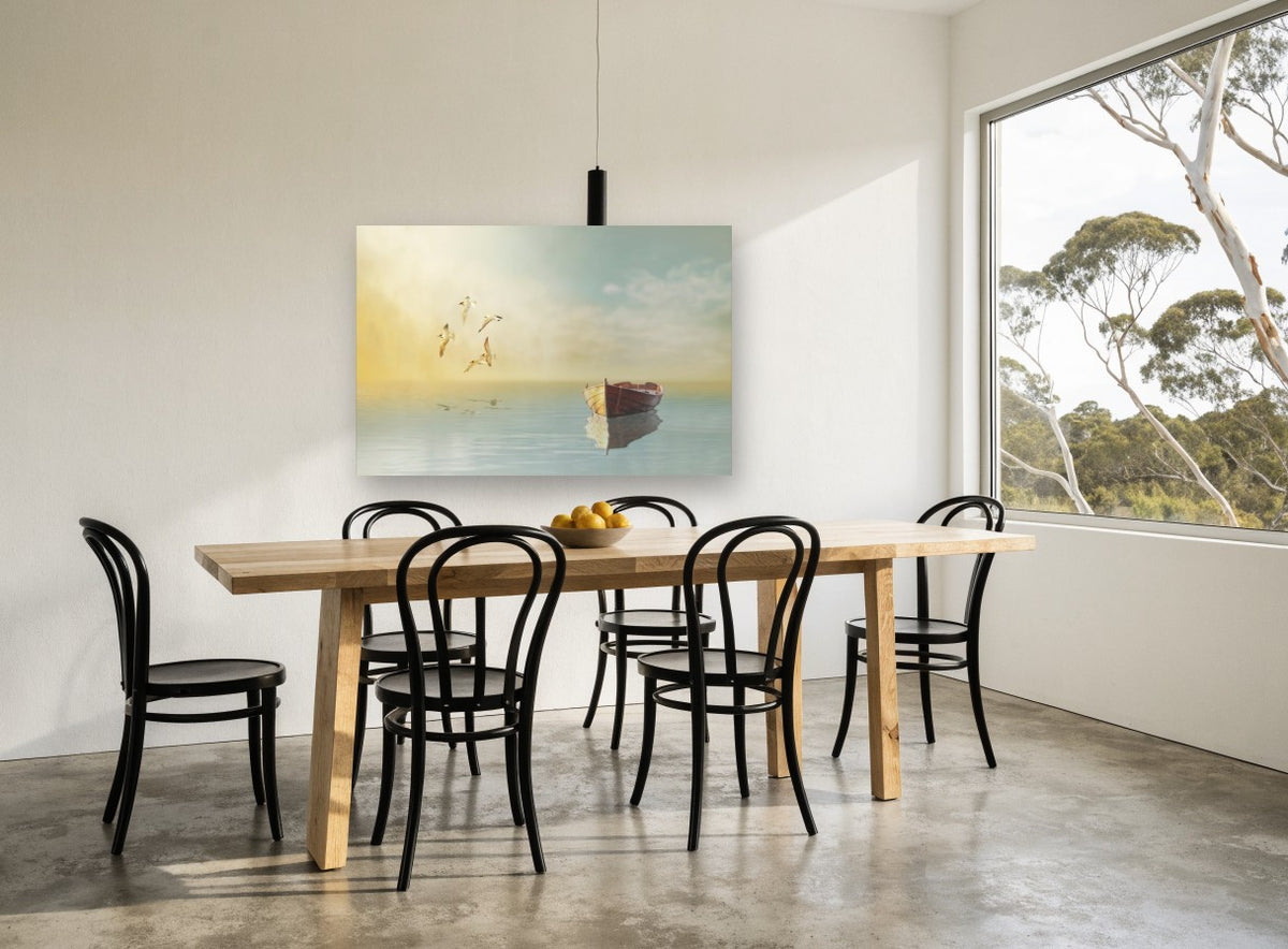 Rowboat and Gulls at Dawn coastal canvas print on the wall of a dining room
