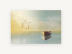 Rowboat and Gulls at Dawn, coastal canvas wall art print, front view