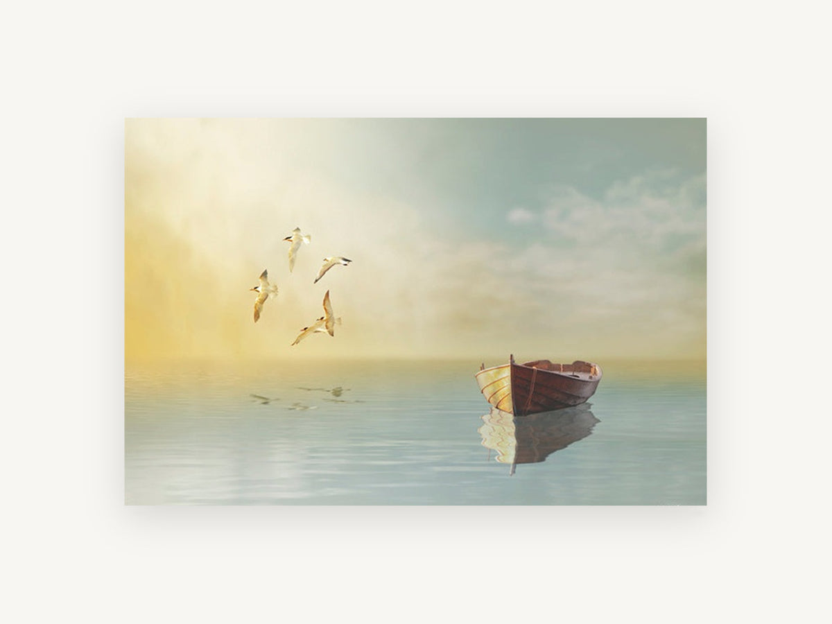 Rowboat and Gulls at Dawn, coastal canvas wall art print, front view