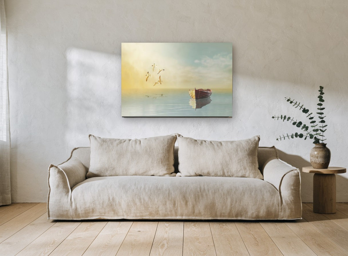 Rowboat and Gulls at Dawn coastal canvas print on the wall of a living room
