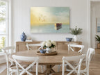 Rowboat and Gulls at Dawn coastal canvas print on the wall of a Hamptons dining room