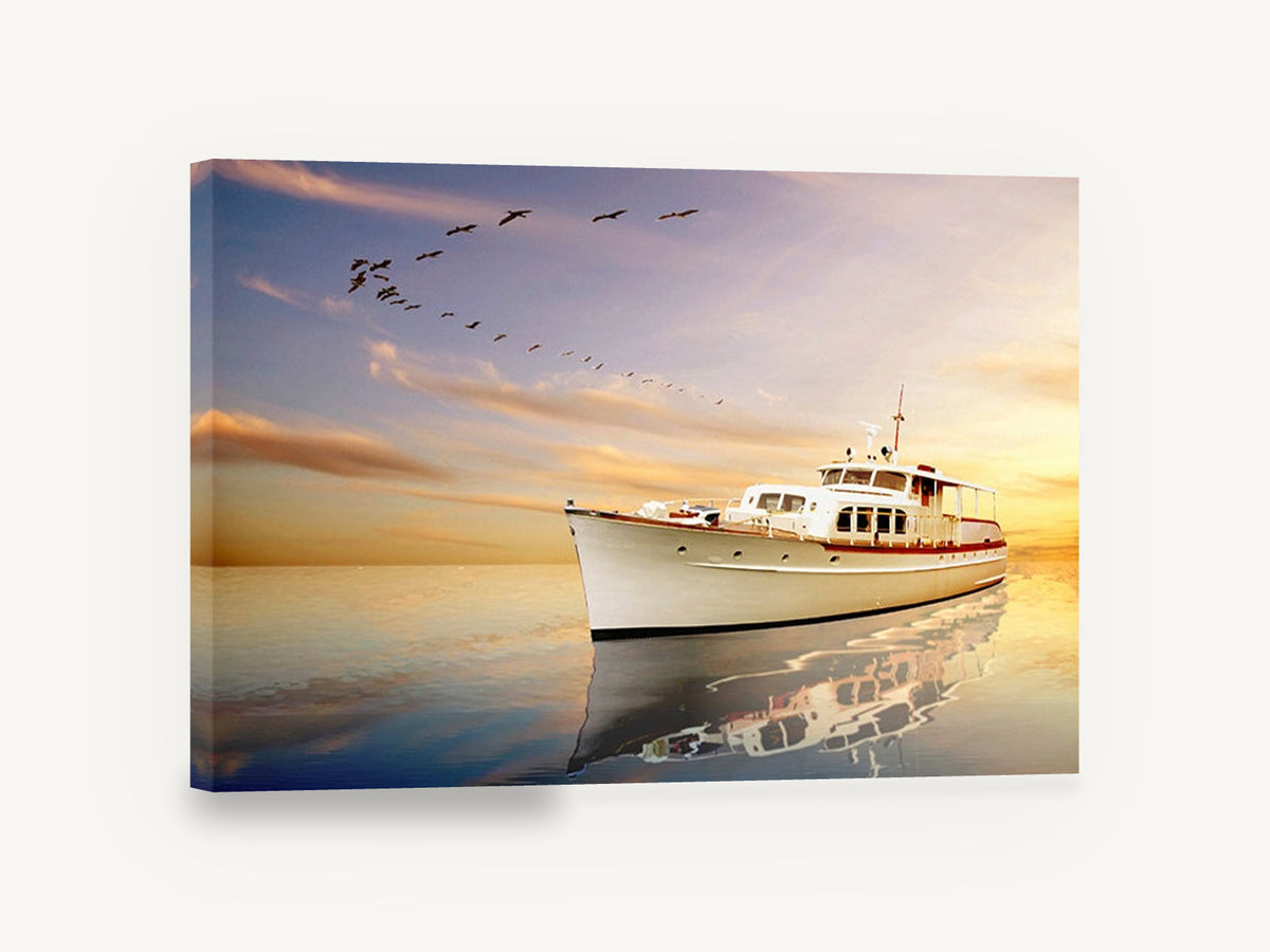Evening Flight Yacht, classic yacht sunset birds seascape, coastal canvas wall art print ready to hang