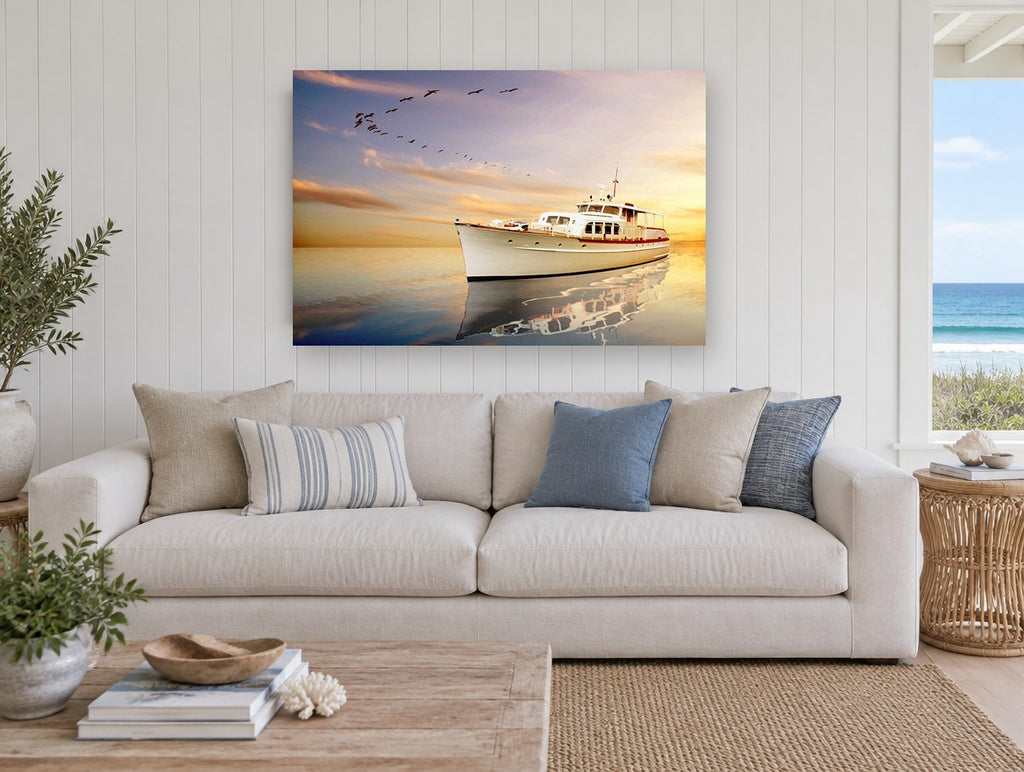 Evening Flight Yacht coastal canvas print on the wall of a beach house living room
