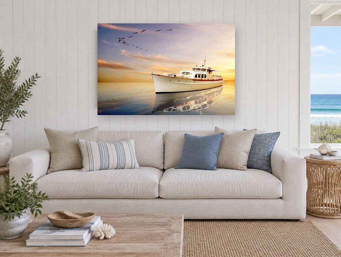 Evening Flight Yacht coastal canvas print on the wall of a beach house living room
