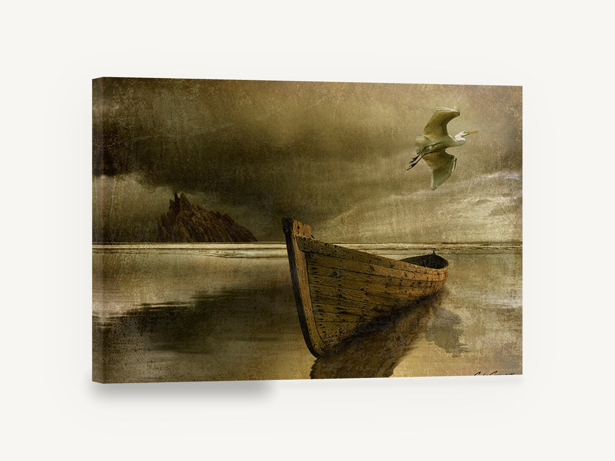 Lone Boat and Egret, weathered boat egret sepia seascape, coastal canvas wall art print ready to hang
