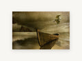 Lone Boat and Egret, coastal canvas wall art print, front view