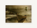 Lone Boat and Egret, coastal canvas wall art print, front view