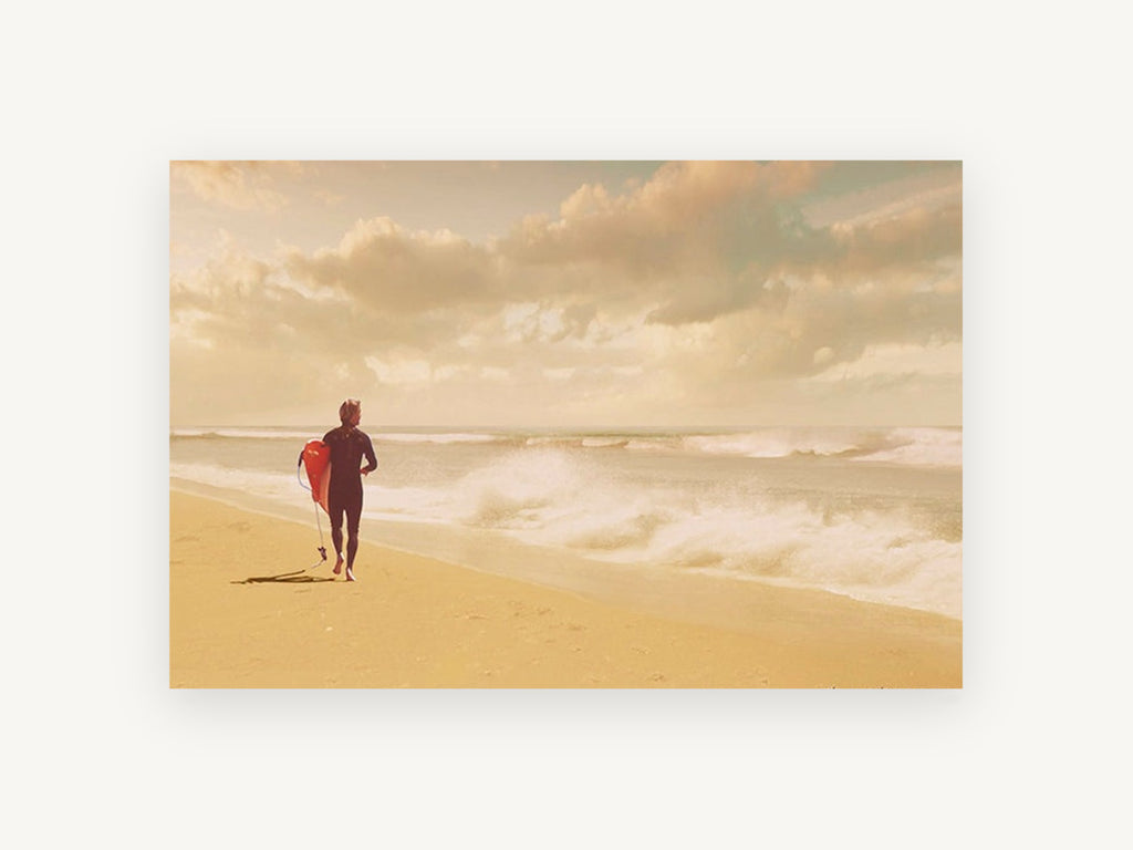 Surfer Walking the Shore, coastal canvas wall art print, front view