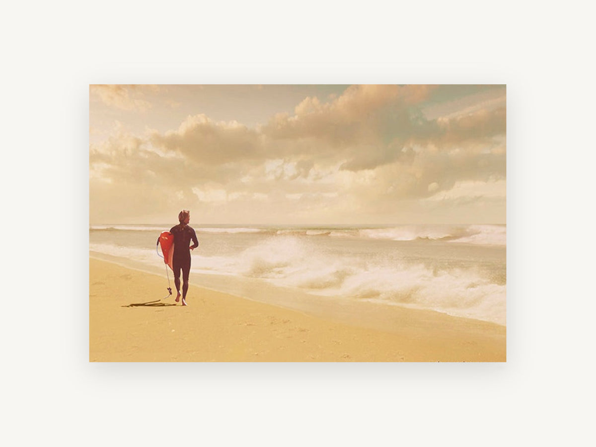 Surfer Walking the Shore, coastal canvas wall art print, front view