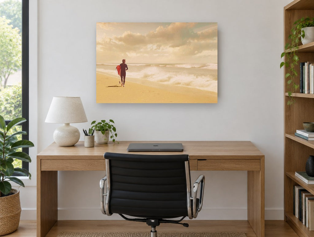 Surfer Walking the Shore coastal canvas print on the wall of a study
