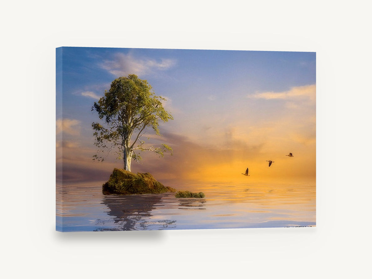 Lone Tree Dusk Flight, lone tree island sunset birds photograph, coastal canvas wall art print ready to hang