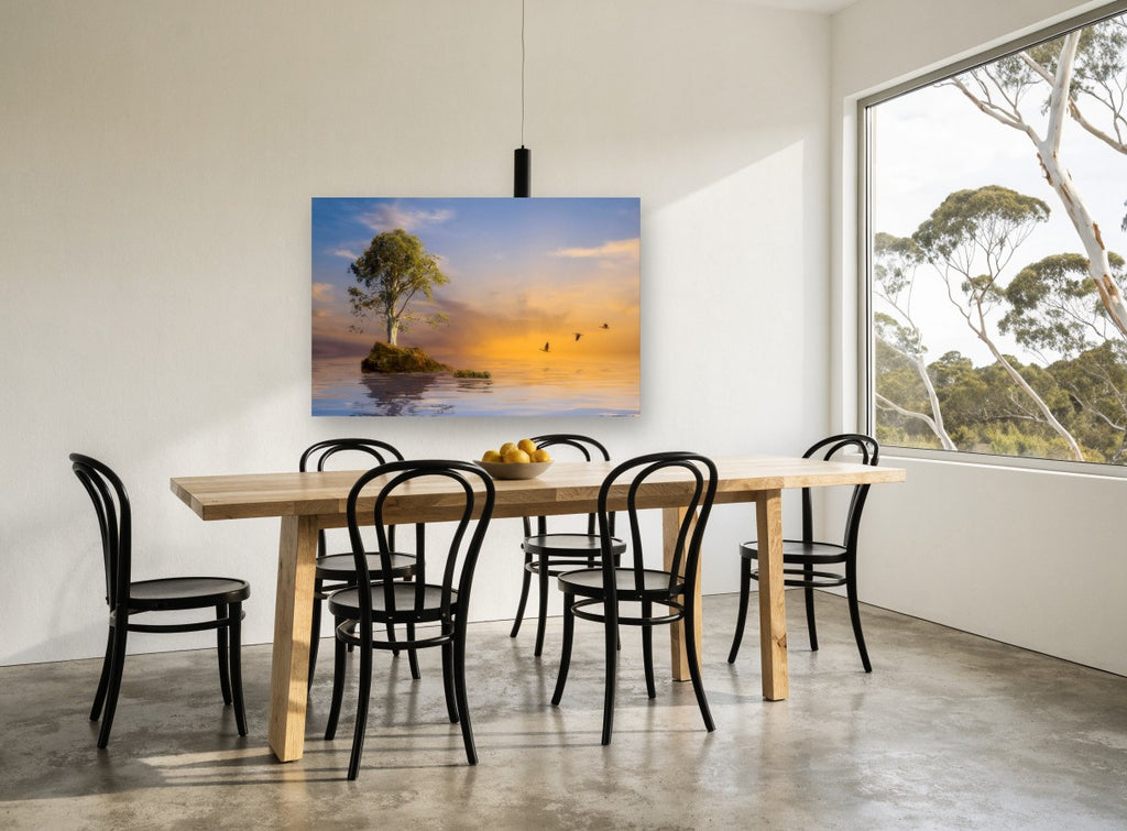 Lone Tree Dusk Flight coastal canvas print on the wall of a dining room