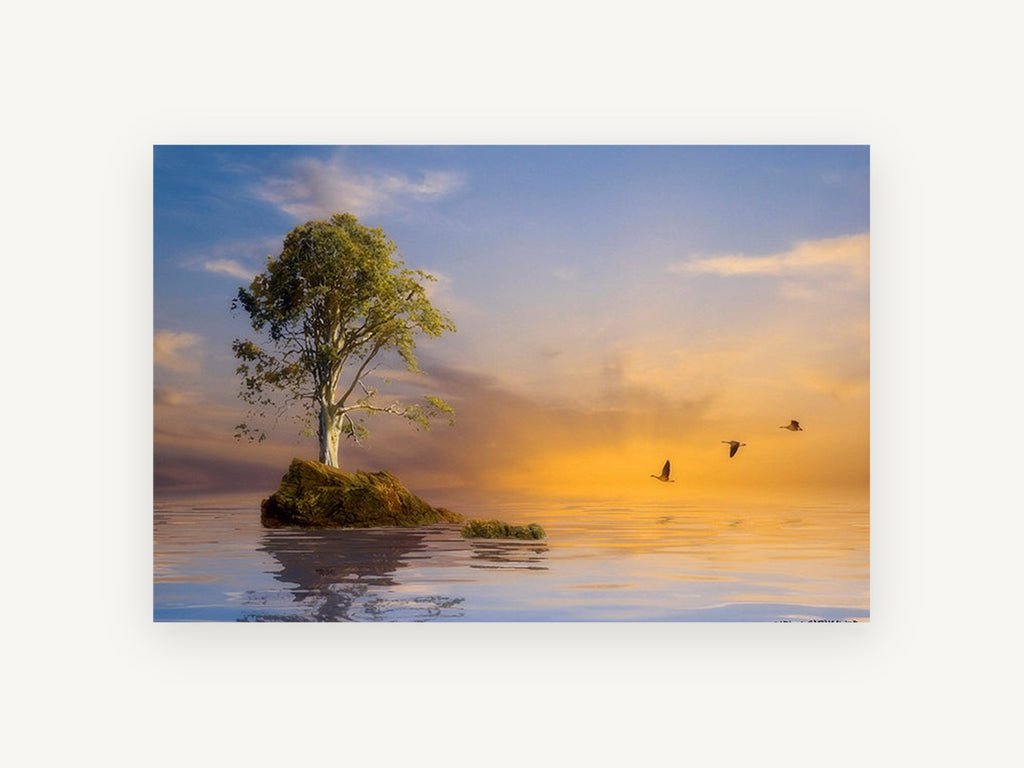 Lone Tree Dusk Flight, coastal canvas wall art print, front view
