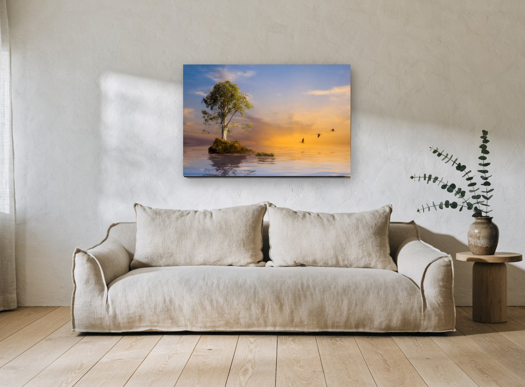 Lone Tree Dusk Flight coastal canvas print on the wall of a living room