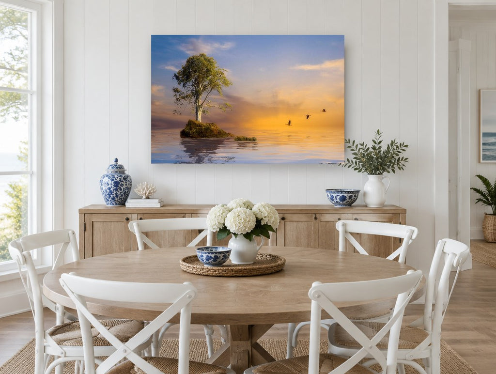 Lone Tree Dusk Flight coastal canvas print on the wall of a Hamptons dining room
