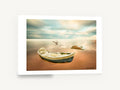 Dawn Boat and Gulls, beached boat sunrise seascape photograph, coastal canvas wall art print ready to hang