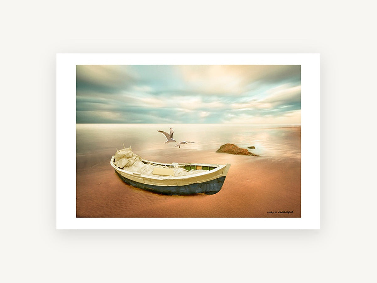Dawn Boat and Gulls, coastal canvas wall art print, front view