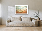 Dawn Boat and Gulls coastal canvas print on the wall of a living room