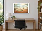 Dawn Boat and Gulls coastal canvas print on the wall of a study