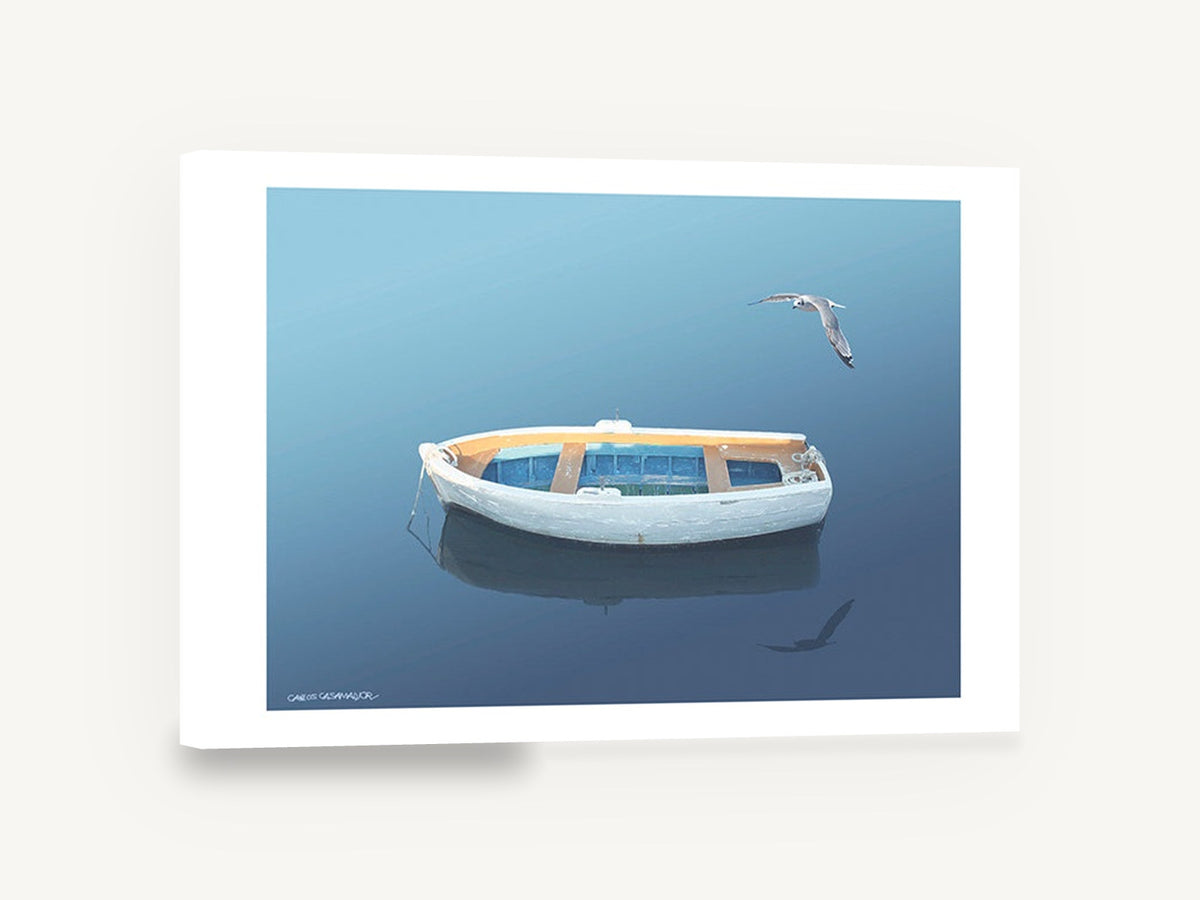 Dinghy and Gull, white rowboat seagull blue seascape, coastal canvas wall art print ready to hang