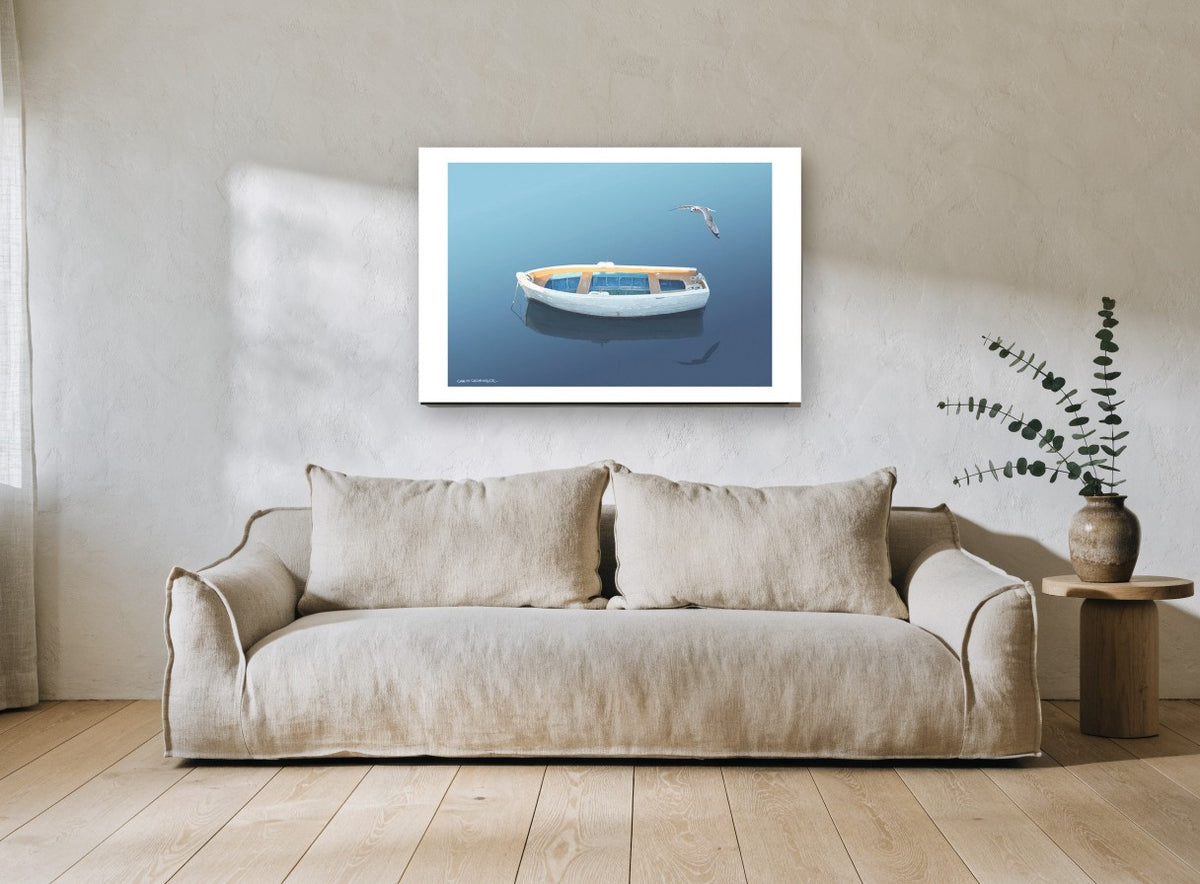 Dinghy and Gull coastal canvas print on the wall of a living room