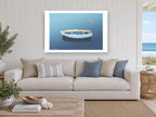 Dinghy and Gull coastal canvas print on the wall of a beach house living room