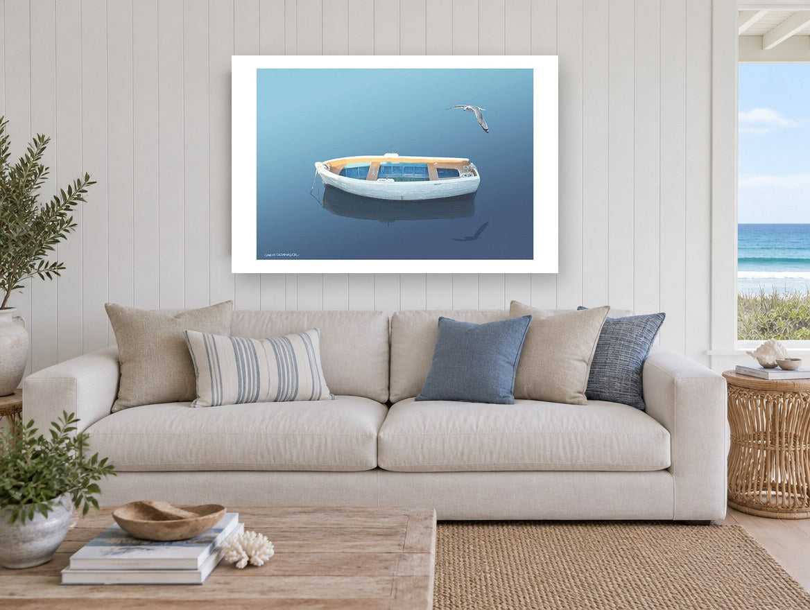 Dinghy and Gull coastal canvas print on the wall of a beach house living room