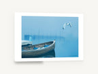 Gull Over Foggy Bay, foggy bay rowboat and seagull photograph, coastal canvas wall art print ready to hang