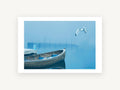 Gull Over Foggy Bay, coastal canvas wall art print, front view