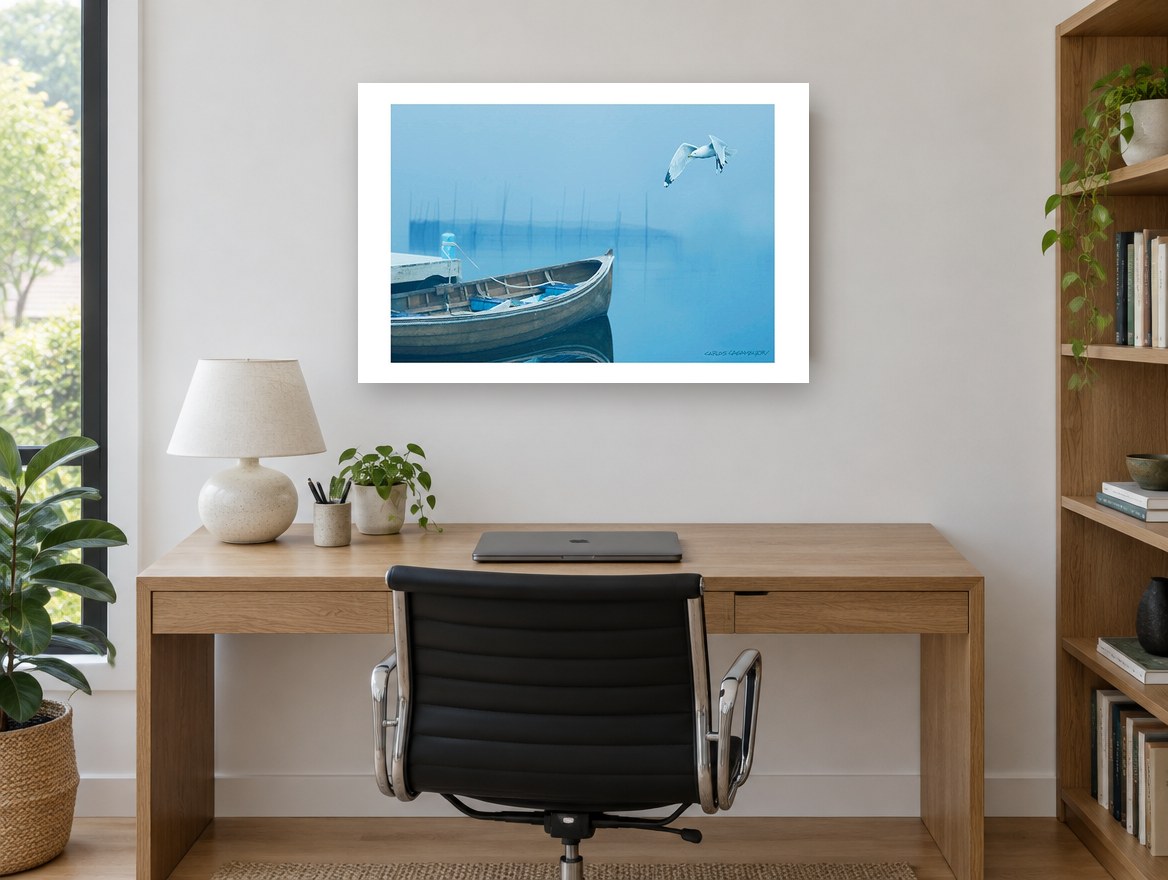 Gull Over Foggy Bay coastal canvas print on the wall of a study