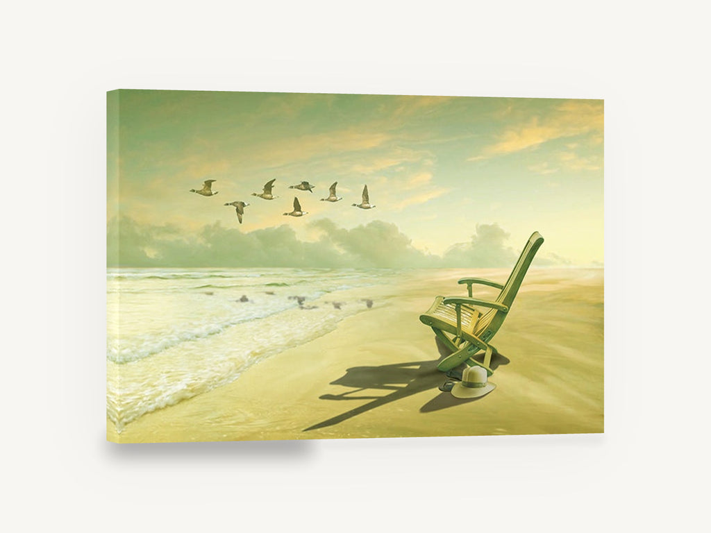 Morning Beach Chair, beach chair and geese digital seascape, coastal canvas wall art print ready to hang