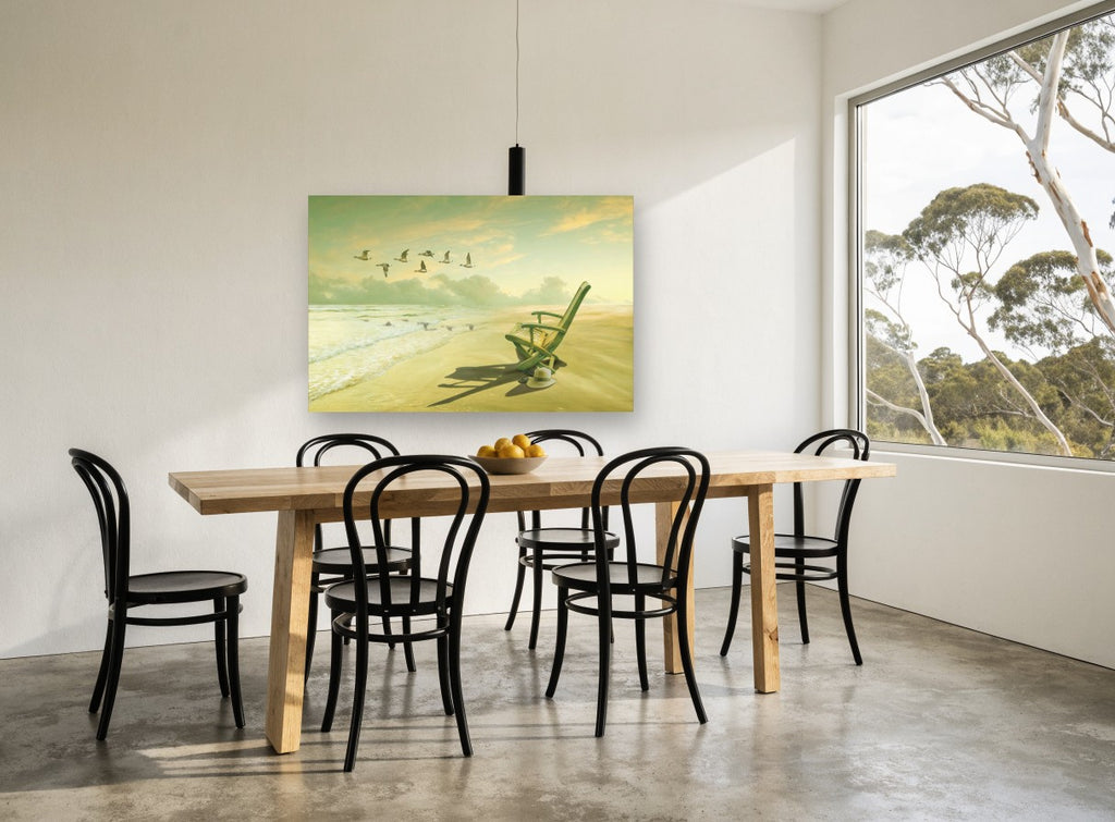 Morning Beach Chair coastal canvas print on the wall of a dining room