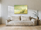 Morning Beach Chair coastal canvas print on the wall of a living room