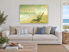 Morning Beach Chair coastal canvas print on the wall of a beach house living room
