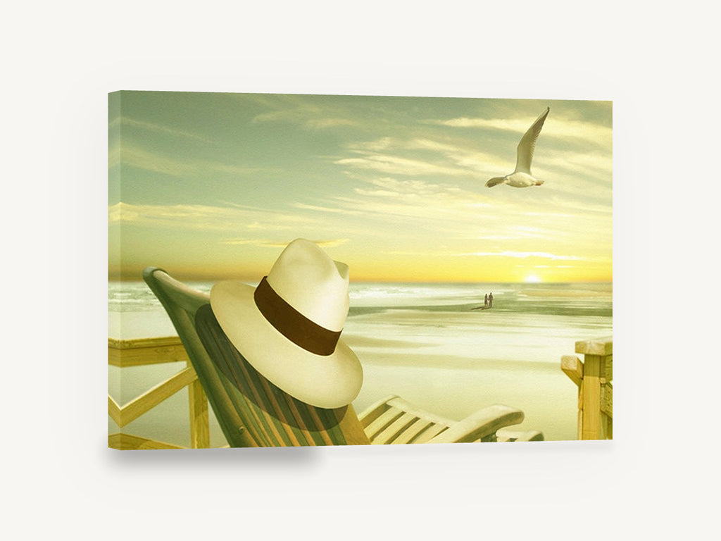 Panama Hat Sunset Beach, panama hat beach sunset seagull, coastal canvas wall art print ready to hang
