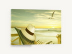 Panama Hat Sunset Beach, panama hat beach sunset seagull, coastal canvas wall art print ready to hang