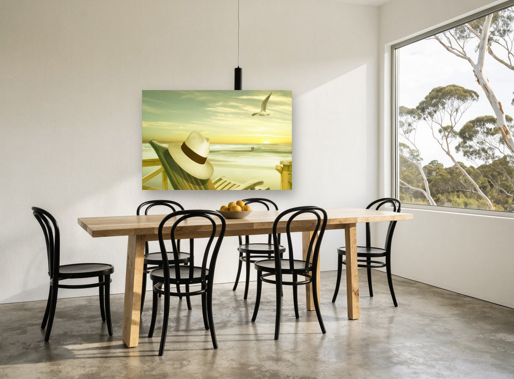Panama Hat Sunset Beach coastal canvas print on the wall of a dining room