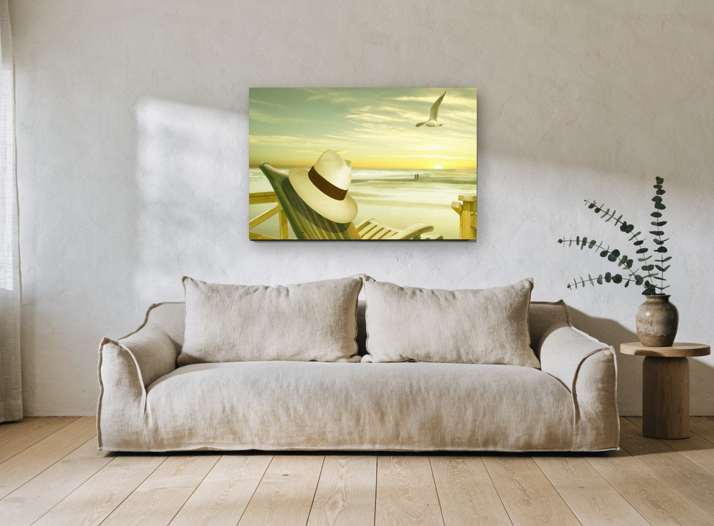Panama Hat Sunset Beach coastal canvas print on the wall of a living room