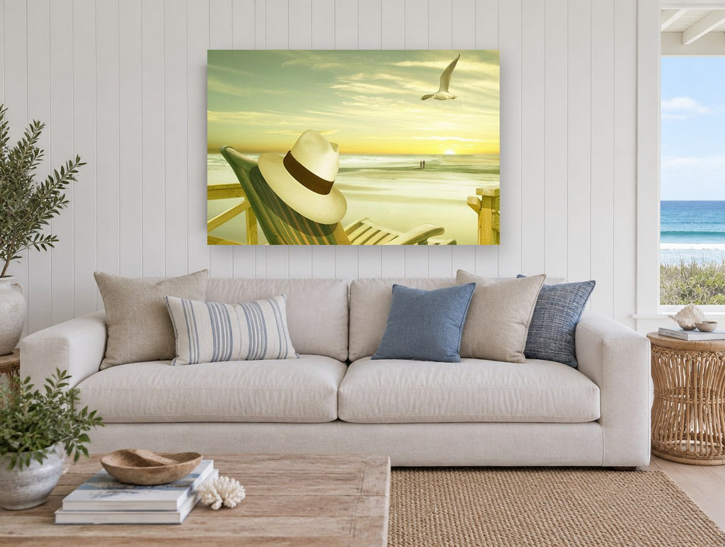 Panama Hat Sunset Beach coastal canvas print on the wall of a beach house living room