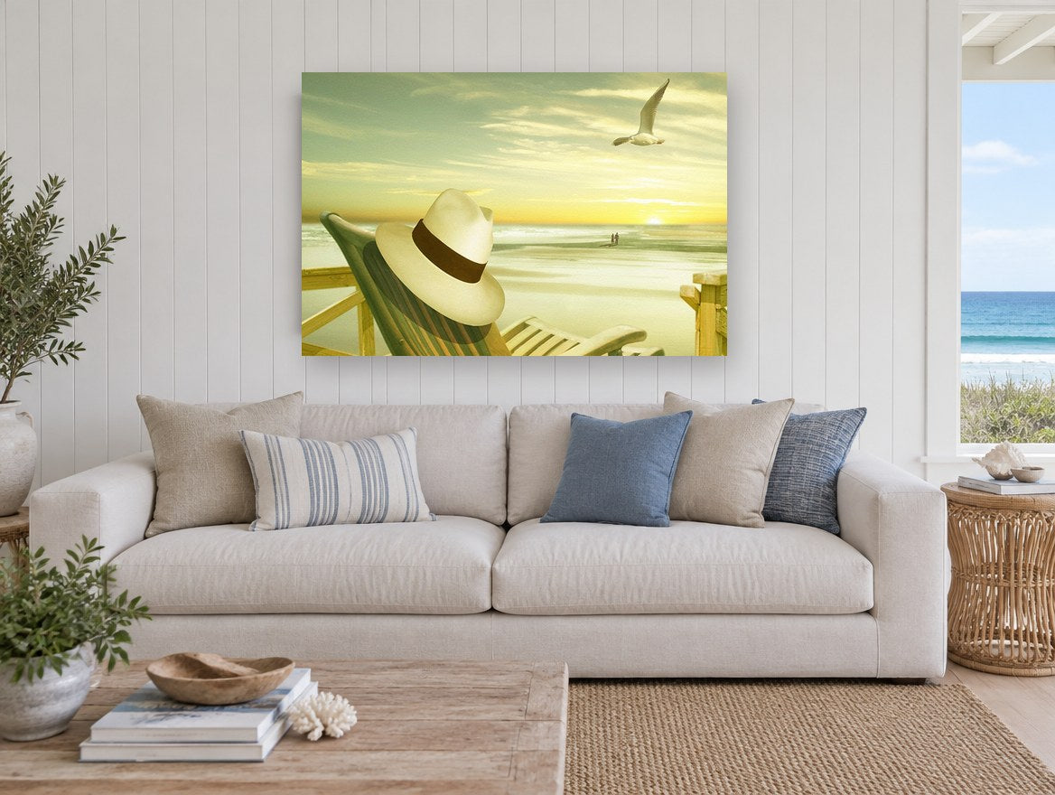 Panama Hat Sunset Beach coastal canvas print on the wall of a beach house living room