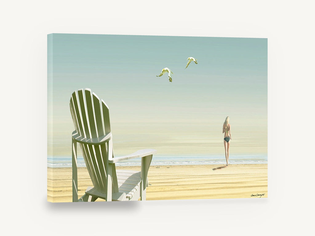 Chair and Seagulls, white beach chair seagulls digital seascape, coastal canvas wall art print ready to hang