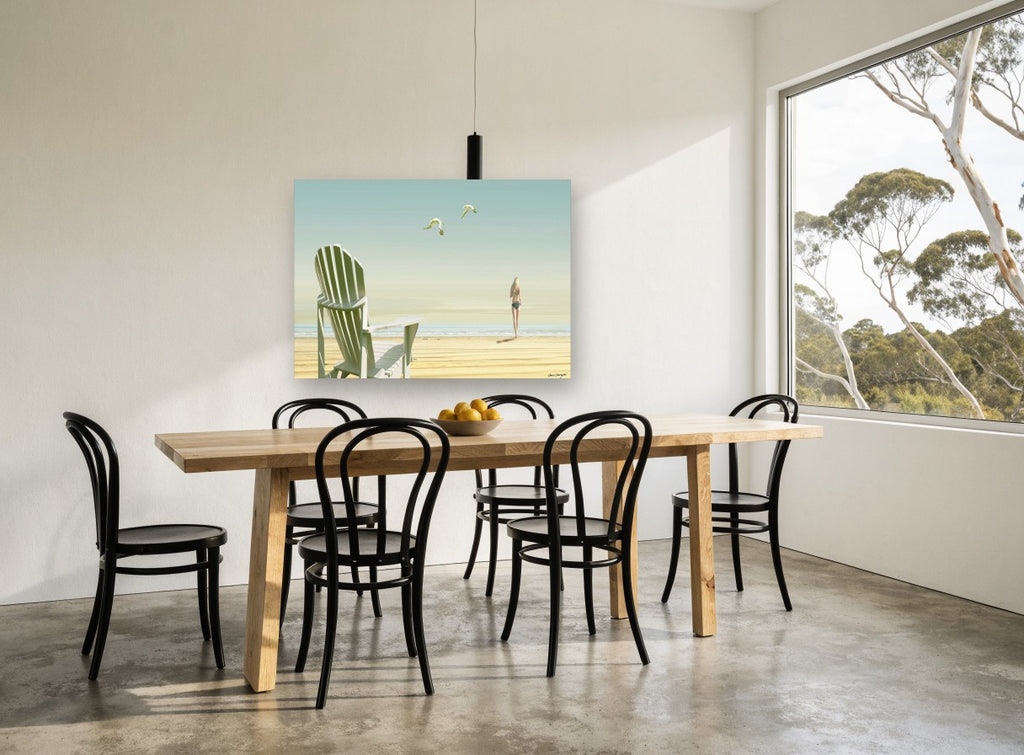 Chair and Seagulls coastal canvas print on the wall of a dining room