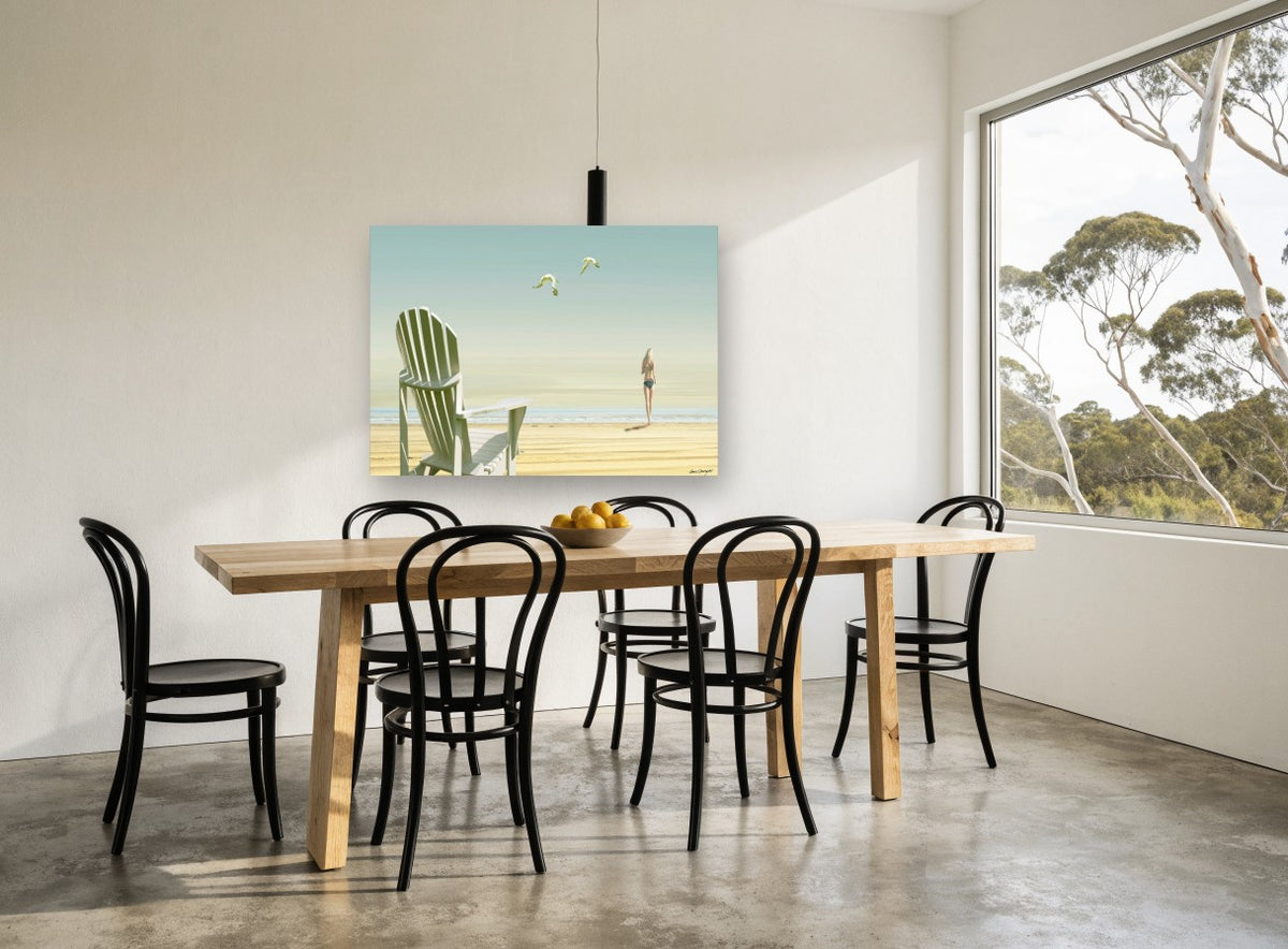 Chair and Seagulls coastal canvas print on the wall of a dining room