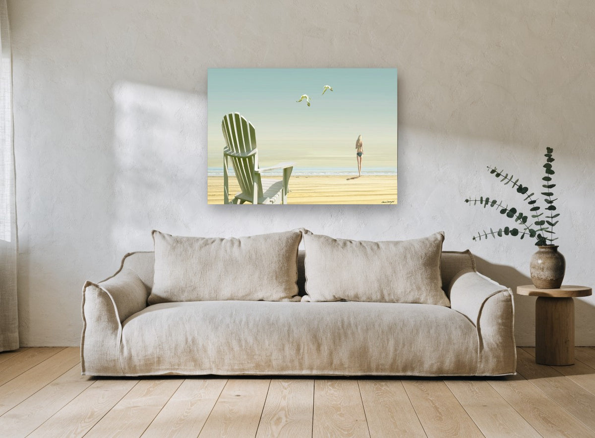 Chair and Seagulls coastal canvas print on the wall of a living room