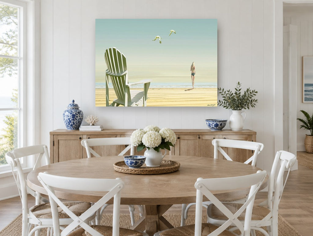 Chair and Seagulls coastal canvas print on the wall of a Hamptons dining room