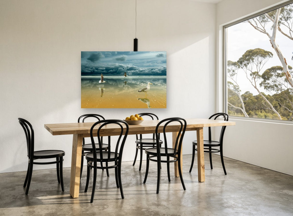 Gulls on Mirror Sands coastal canvas print on the wall of a dining room