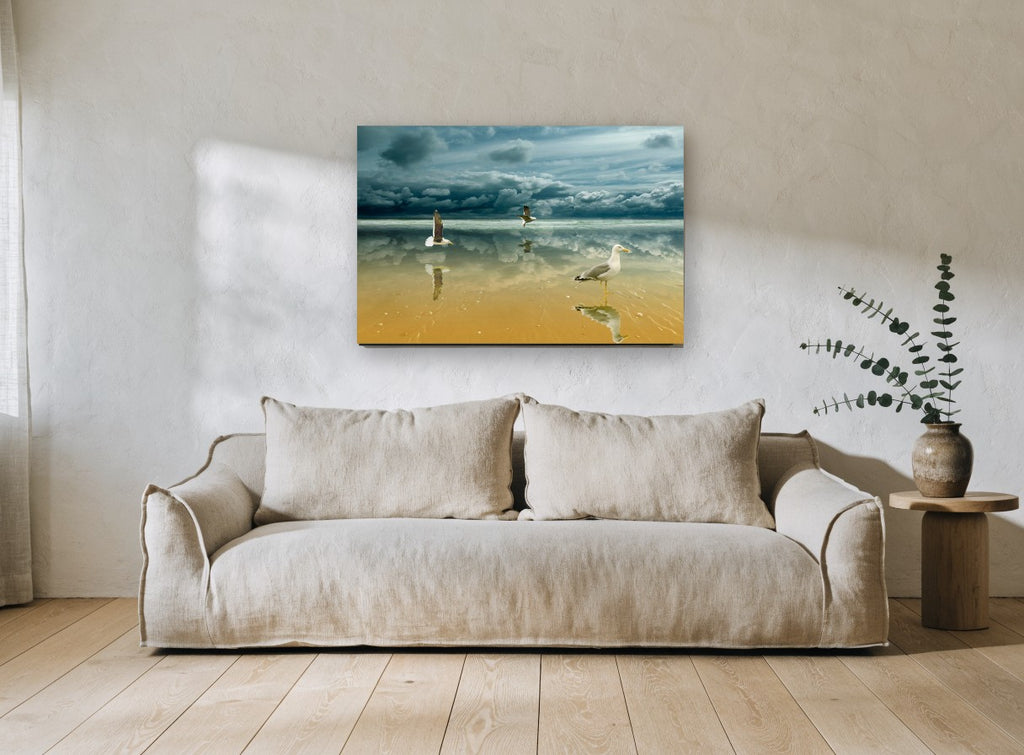 Gulls on Mirror Sands coastal canvas print on the wall of a living room
