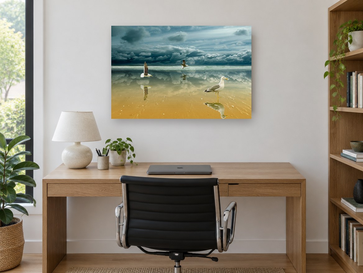 Gulls on Mirror Sands coastal canvas print on the wall of a study